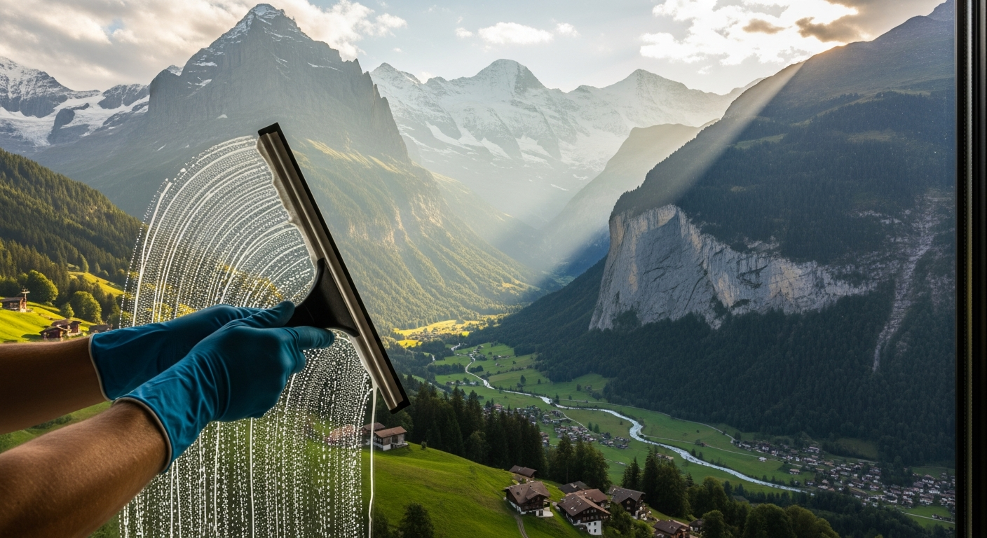 Fensterreinigung mit Bergblick